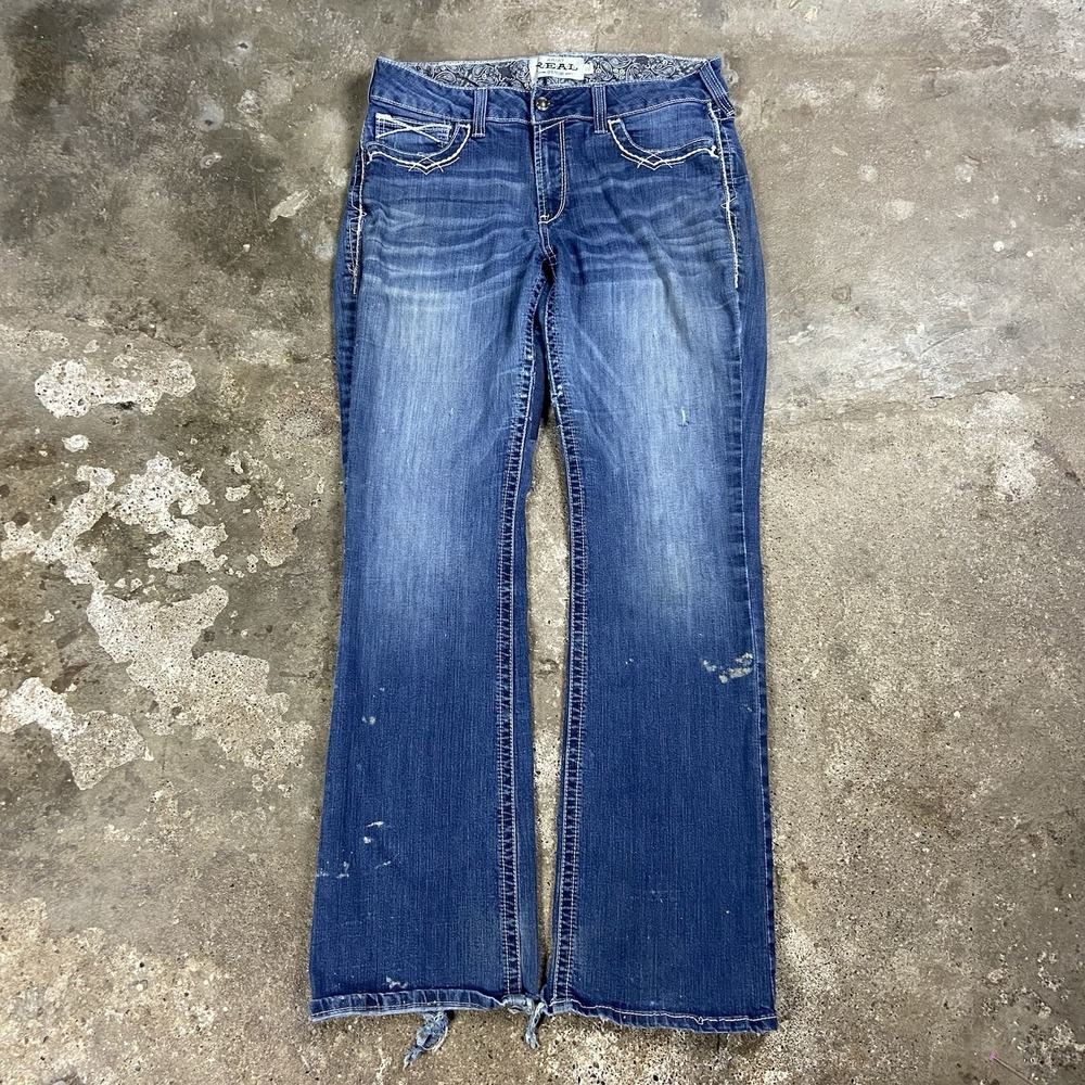 Ariat REAL Denim Jeans Size 33L Blue Denim Medium Wash Distressed Bootcut Work